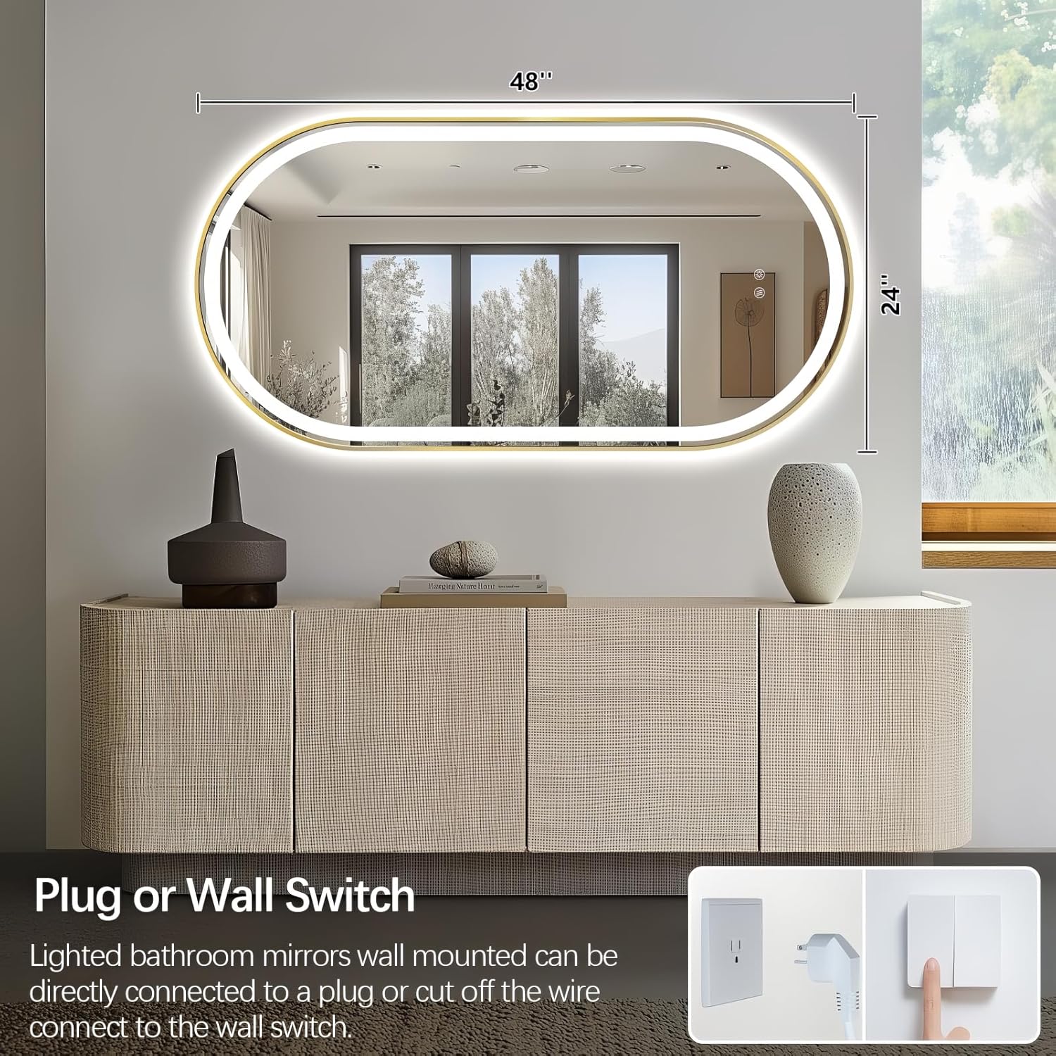 Niccy Oval LED Mirror for Bathroom, 48x24 Front Lit + Backlit Vanity Mirrors with Light Anti-Fog, Shatter-Proof, 3 Colors, Makeup Mirror with Old Gold Frame (Horizontal/Vertical)