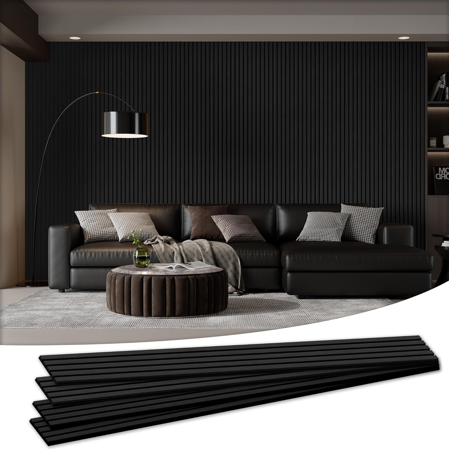 Wood Salt Acoustic Wall Panels, 4 Piece 94" x 12.6" x 0.8" Soundproof Wooden Wall Panels, 3D Fluted Sound Absorbing Panel, Matte Black