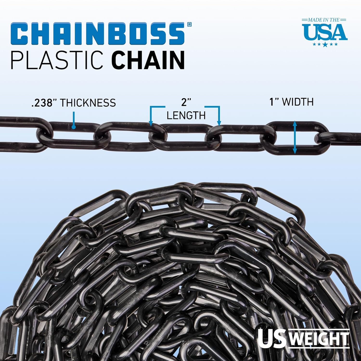 US Weight (Made in USA) 2" x 100' White Plastic Safety Chain ft. SunShield UV Resistant Technology