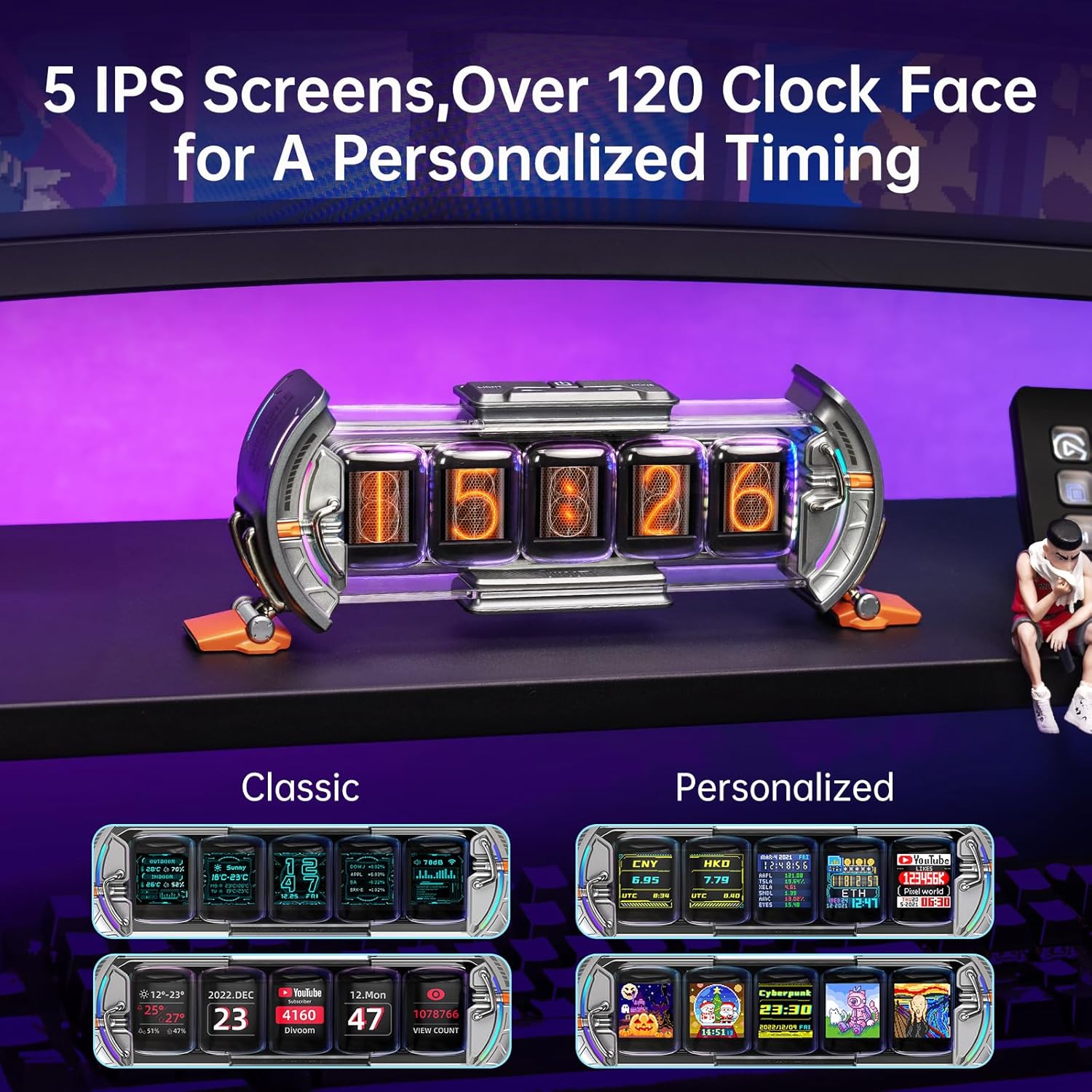 Divoom Times Gate - Cyberpunk Gaming Setup Digital Alarm Clock, Smart APP, WiFi Connect, RGB LED Display, Personalized Financial & Bitcoin Dashboard, Pixel Art for Gaming Room & Office Decor, Silver