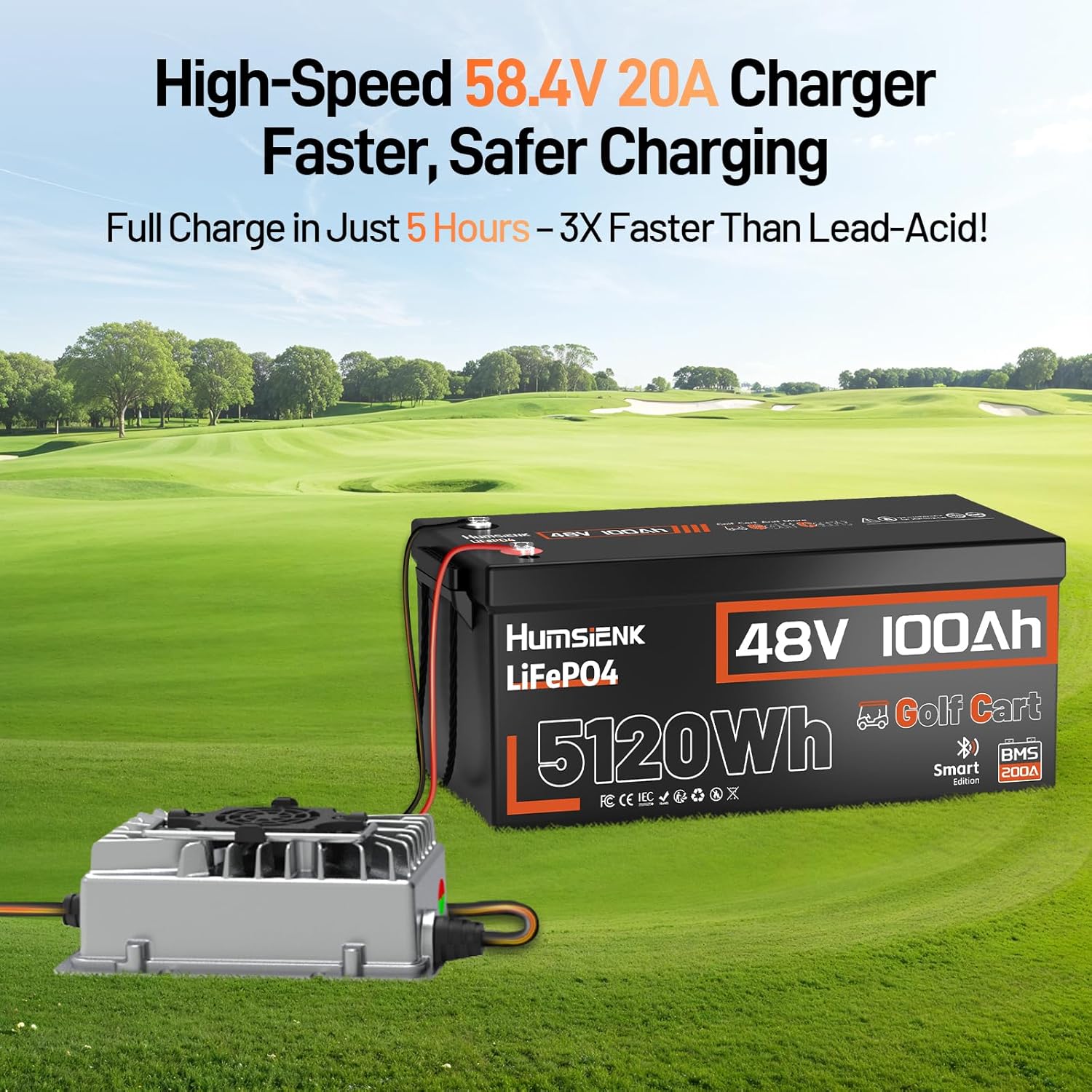 HumsiENK 48V 100Ah Golf Cart LiFePO4 Lithium Battery Bluetooth Monitor with 15A Charger, 15000+ Cycles Battery with Peak Current 600A & Group 8D, 200A BMS with Low-Temp Protection for Golf Carts
