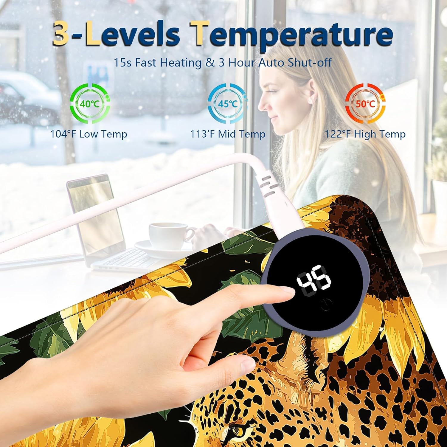 Heated Mouse Pad with 3 Temperature Settings(104°F–122°F),Large 24x14.2 Inch PU Leather Heated Desk Mat,Waterproof Warming Pad for Office,Gaming & Cold Hands Relief,Sunflowers Leopard Print