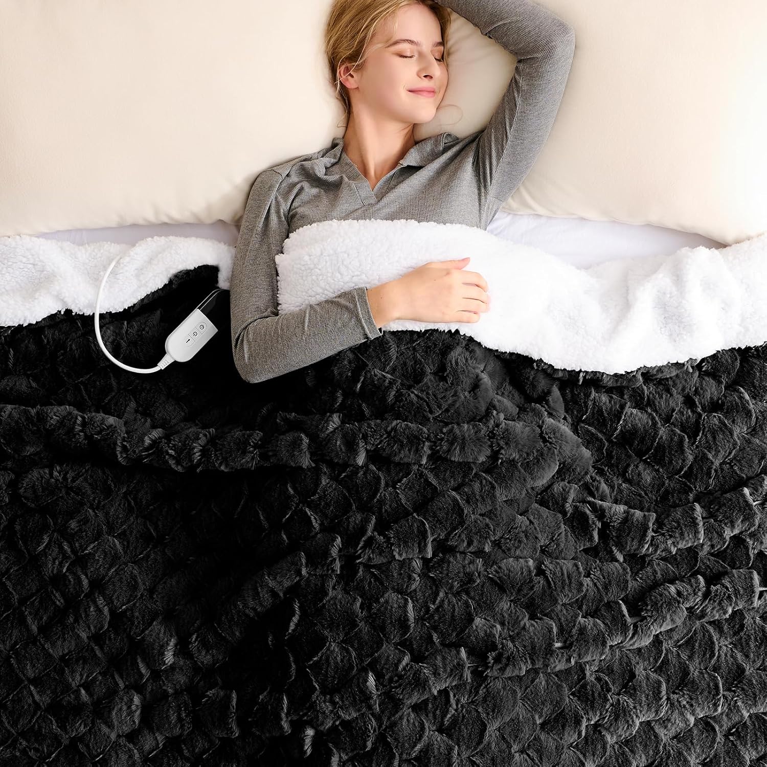 Homemate Heated Blanket Electric Throw - 50"x60" Heating Blanket Throw 1/2/4/6/8 Hours Auto-Off 10 Heat Levels Over-Heat Protection Luxury 800 GSM Faux Fur 200 GSM Sherpa ETL Certification