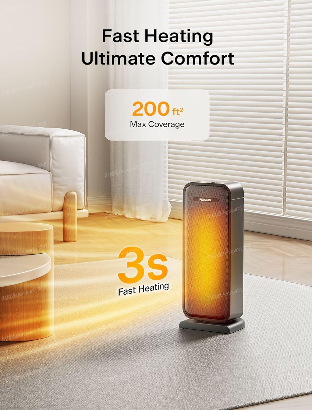 Pelonis 1500w Electric Space Heater for Indoor Use with Thermostat, Oscillation and Remote – Portable Ceramic Heater for Bedroom, Home and for Office Under Desk