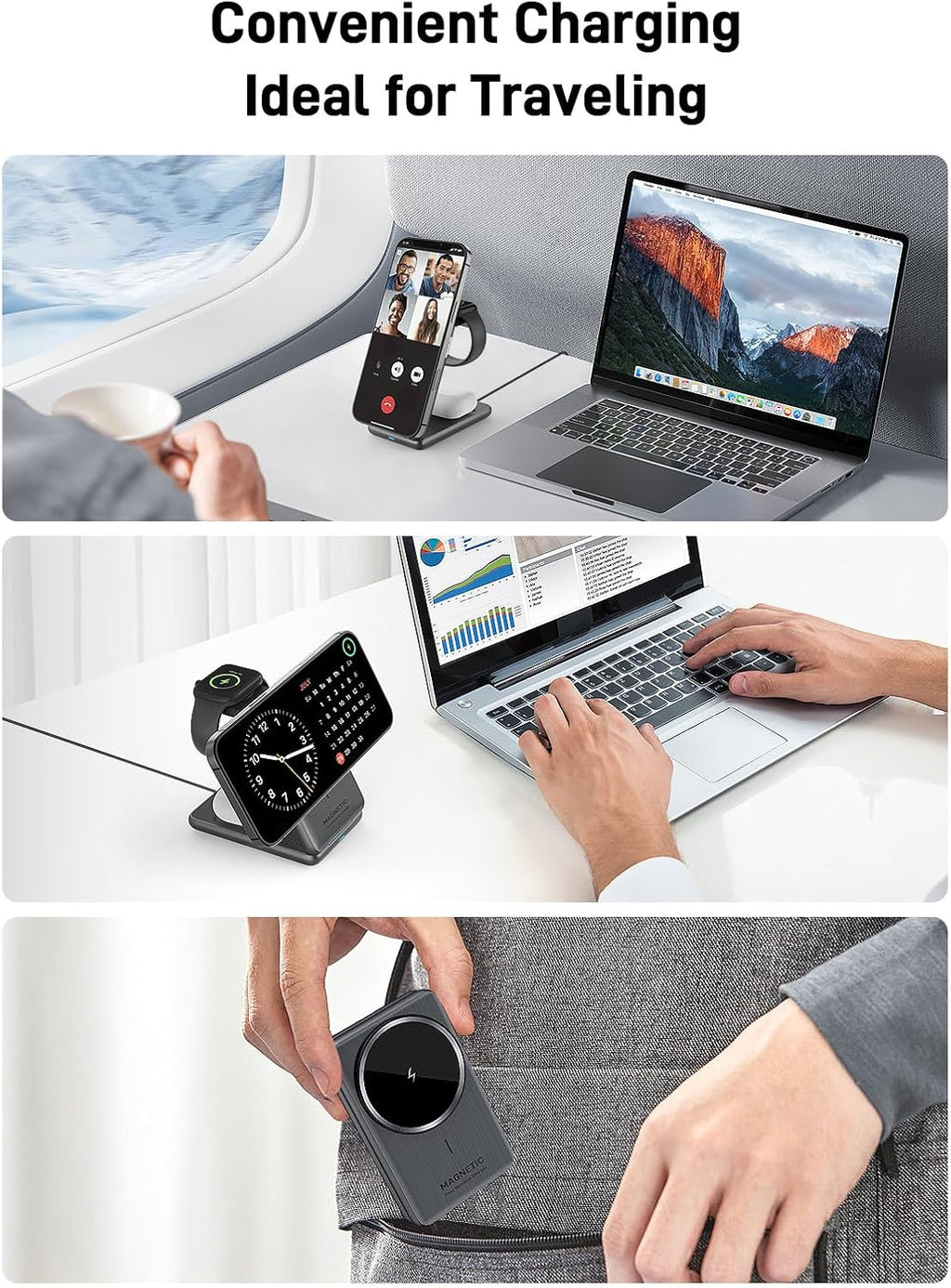 Wireless Charger for Apple, 3 in 1 MagSafe Charger Foldable Magnetic Charger for iPhone 17/16/15/14 Series, Airpods Pro 2, iWatch Series 10/9/8/7, Travel Charging Station for Apple Multiple Devices