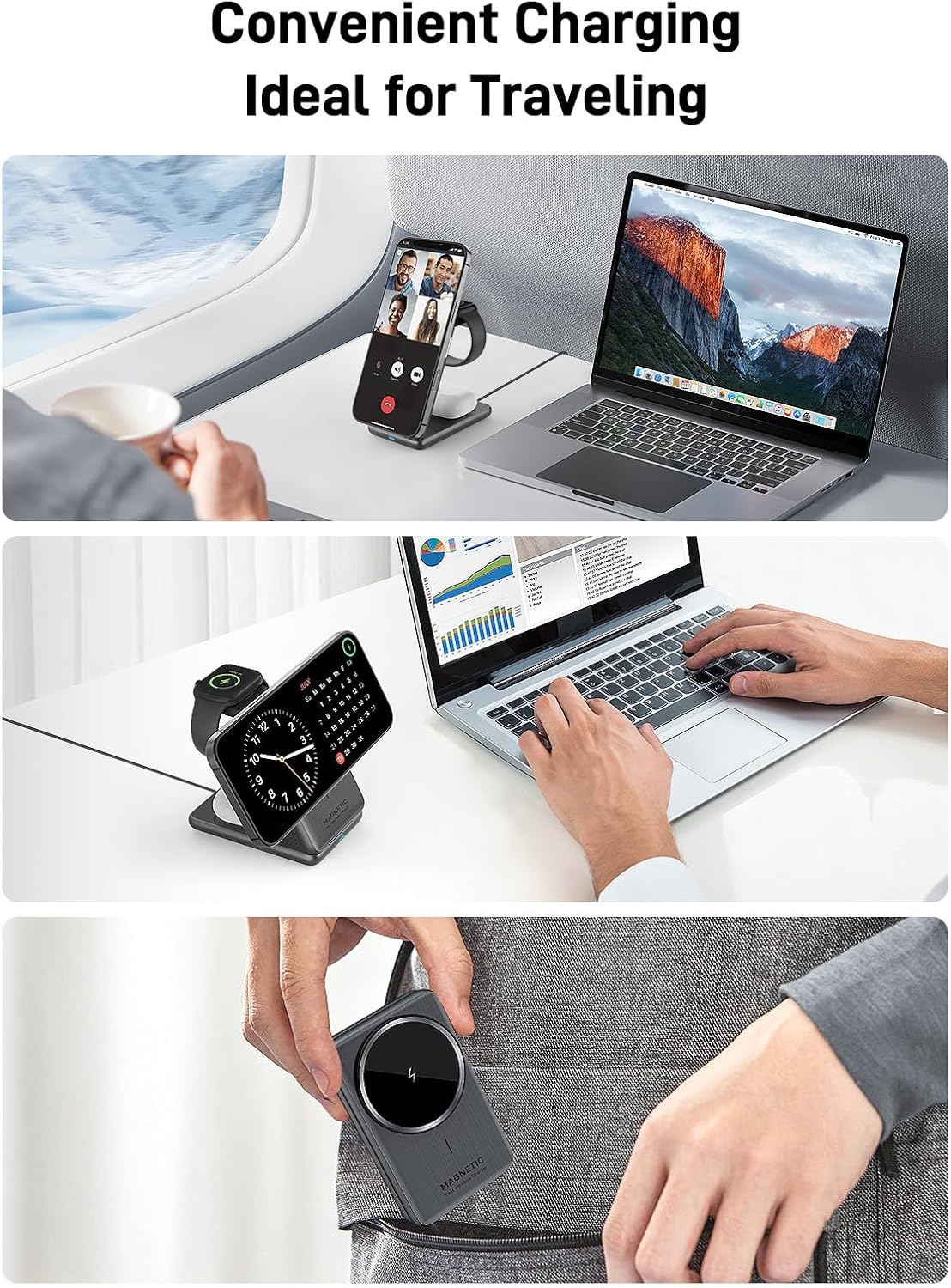 Wireless Charger for Apple, 3 in 1 MagSafe Charger Foldable Magnetic Charger for iPhone 17/16/15/14 Series, Airpods Pro 2, iWatch Series 10/9/8/7, Travel Charging Station for Apple Multiple Devices