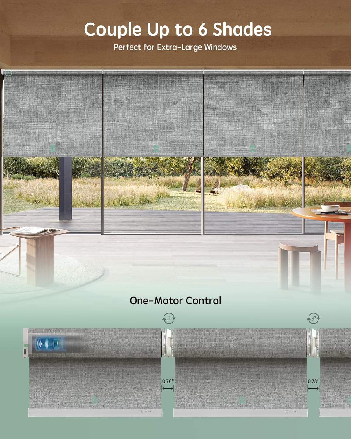 Yoolax Smart Coupled Roller Shades Compatible with Alexa Google, Motorized Blinds with Remote Blackout Coupled Roller Shades for X-Large Windows, Custom Size (XL Coupled-Smoky Gray)