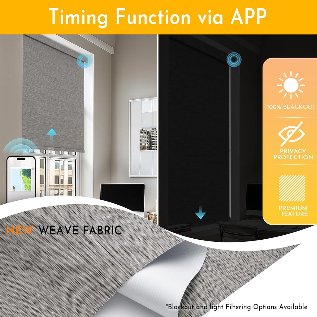 Persilux Smart Motorized Blinds with Remote, No Drill Automatic Roller Shades for Indoor Windows, Blackout Linen Fabric, Electric Blinds for Windows, Weave Blend Smoke C162BO-7, Custom Size