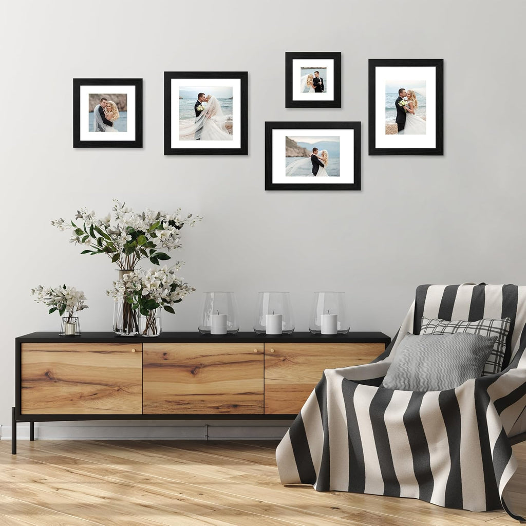 iRahmen 8x8 Picture Frames Set of 4 with High Definition Real Glass, Black Frames Display 6x6 Picture with Mat or 8x8 Without Mat, Wood Square 8 x 8 Photo Frame for Wall Mount and Tabletop Display