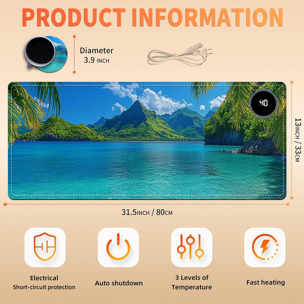 Heated Mouse Pad 31.5x13 in 3-Temp Fast Heating Desk Mat with Auto Timer Warmer for Hands Wrist Pain Relief Waterproof Keyboard Mat for Office, Gaming, Home, Tropical Paradise Beach