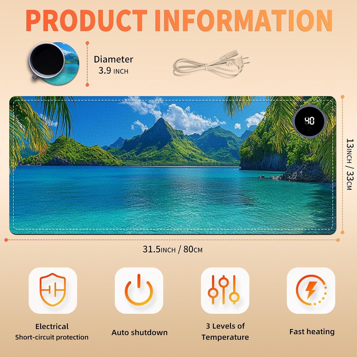 Heated Mouse Pad 31.5x13 in 3-Temp Fast Heating Desk Mat with Auto Timer Warmer for Hands Wrist Pain Relief Waterproof Keyboard Mat for Office, Gaming, Home, Tropical Paradise Beach