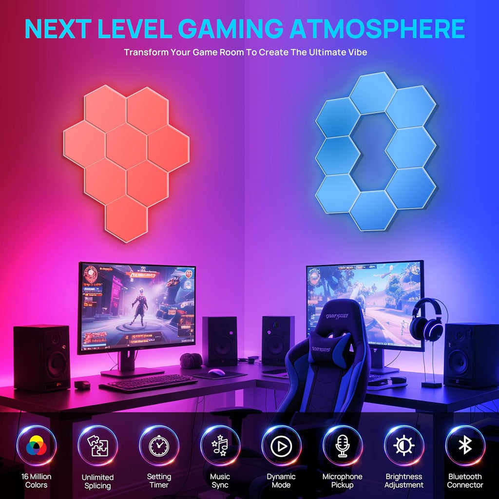 KORORO Hexagon LED Lights - 8 Pack Smart APP RGB Gaming Light with Remote Control & Music Sync Honeycomb Shape Hex Lights for Bedroom, Living Room Wall, Gaming Decor