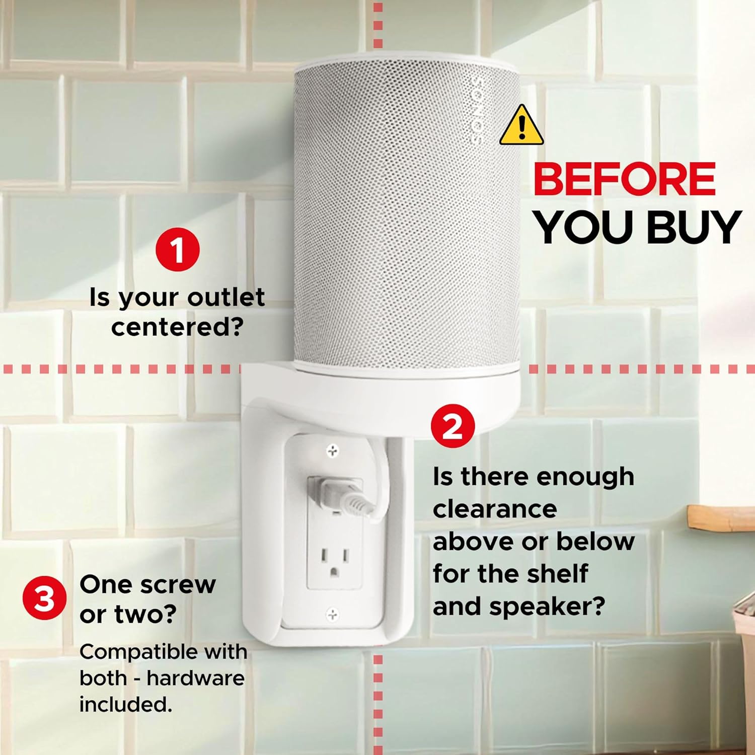Sound Bass ERA100 Shelf Wall Outlet AC, White, Home, Compatible with Sonos ERA 100, Plug Mount Organizer, Bathroom, Kitchen, Bedrooms, Cord Management, Easy Installation, Mounting Kit Included