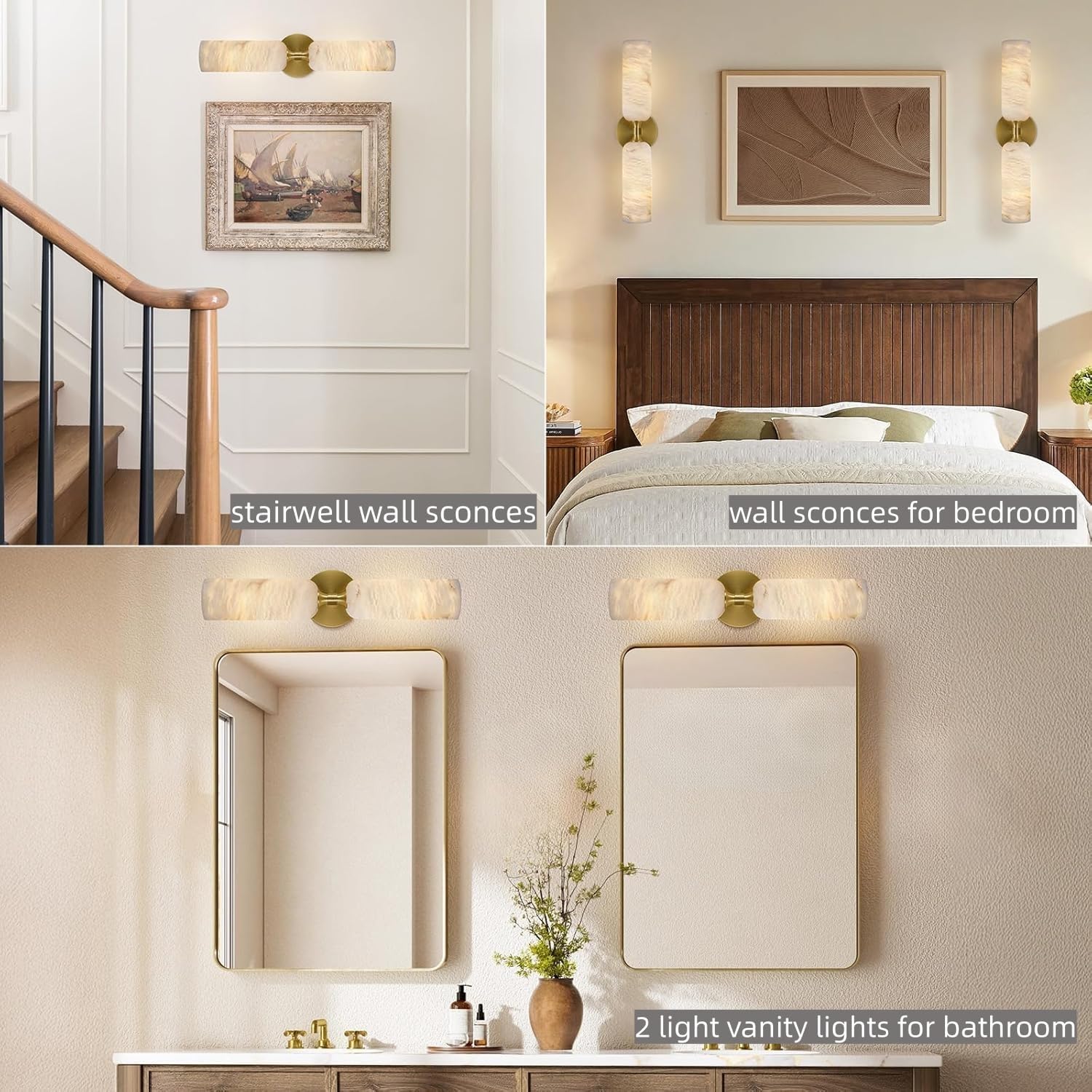 20in Alabaster Wall Sconce Antique Brass Sconces Wall Lighting, Imported Alabaster Modern Marble Bathroom Vanity Sconces, Gold Sconce Wall Decor, For Bedroom Living Room Staircases Hallway Foyer