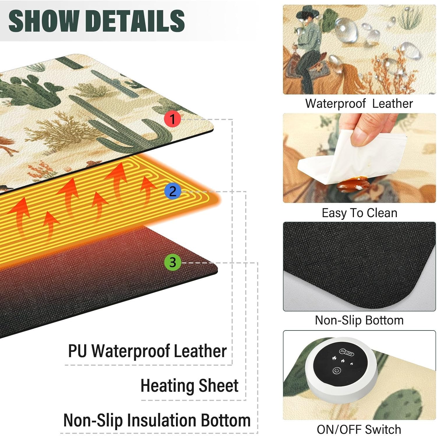 Heated Desk Pad Mouse Pad 31.5x13 Inch PU Leather Desk Mat with 3 Heat Levels Large Mouse Gaming Computer Laptop Mat Cute Cacti Desert Cowboys Horses
