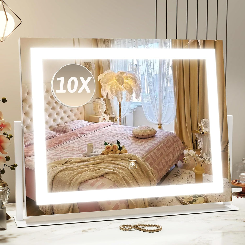 ROLOVE Vanity Mirror with Lights 22"x18", Lighted Makeup Mirror with 10X Magnification, Smart Touch 3 Colors Dimmable, 360° Rotation, Women Gift, Dresser Mount, Bathroom (White)