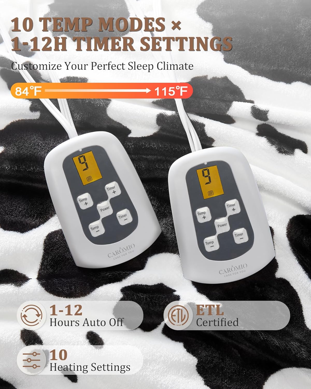 CAROMIO Heated Electric Blanket King Size with LCD Dual Controller, Cow Print Heating Blankets, 10 Heat Levels & 1-12H Time Settings, ETL Certified, Machine Washable, Black White, 100" x 90"