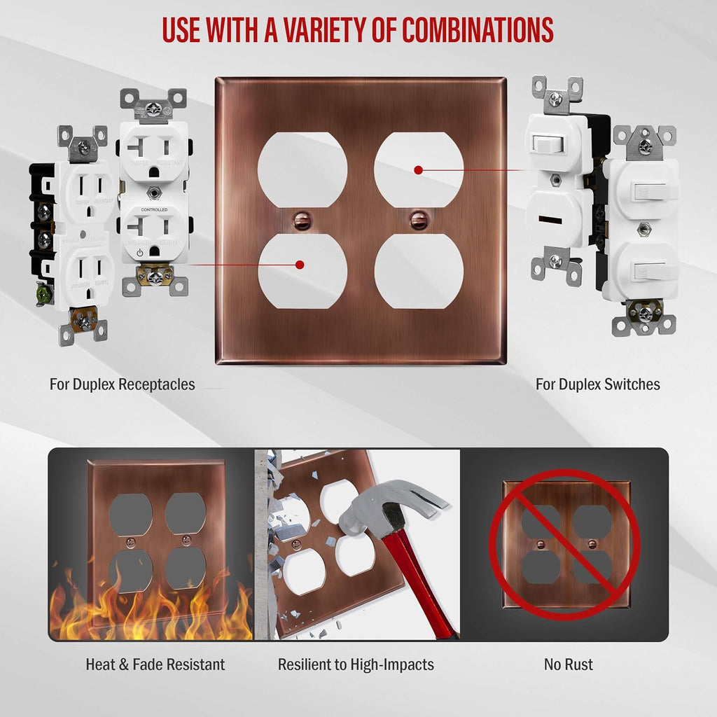 ENERLITES Antique Copper Double Duplex Receptacle Metal Wall Plate, Outlet Cover, Corrosion Resistant, Standard Size 2-Gang 4.50" x 4.57", Stainless Steel 201, 7722-AC