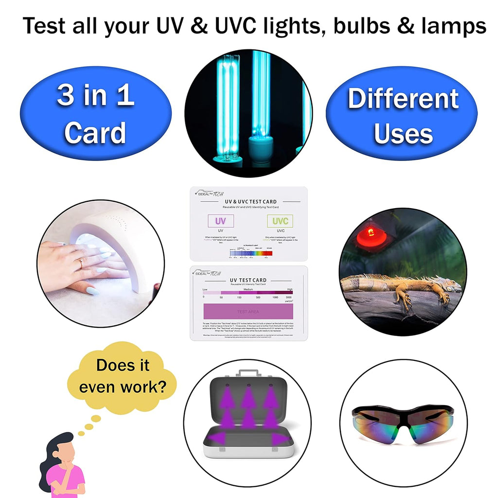 EIDEAL™ | UV & UVC Test Card & UV Intensity Test Card | 3-in-1 UV Test Card | UVA & UVC Light Identifying Card | UV Bulb & LED Intensity Reading Card | UV Dosage Indicator Card | UVB Tester