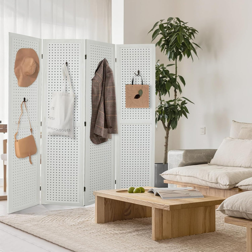 Babion 4 Panel Pegboard Display, Peg Board Room Divider Freestanding Folding Privacy Screens Pegboard Display Stand for Craft Shows (White)