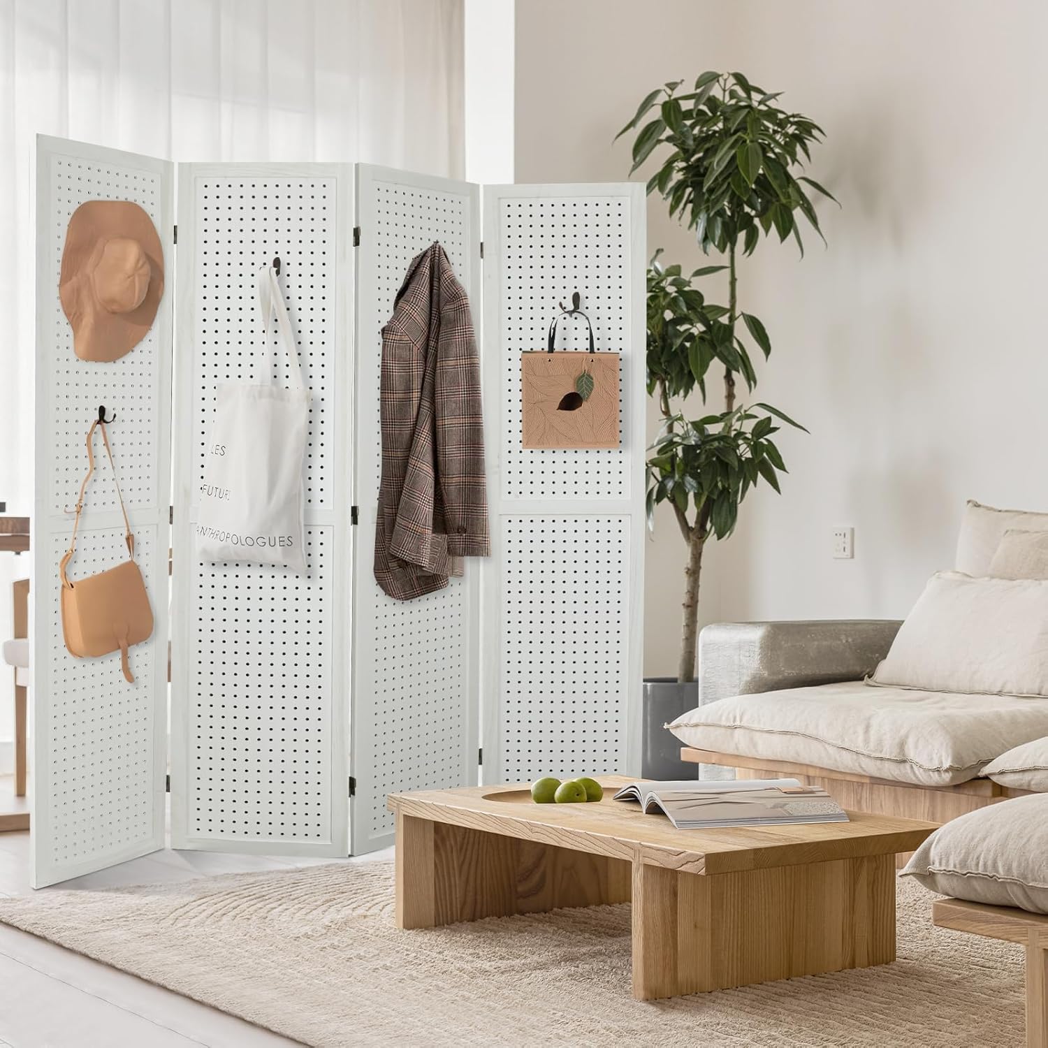 Babion 4 Panel Pegboard Display, Peg Board Room Divider Freestanding Folding Privacy Screens Pegboard Display Stand for Craft Shows (White)