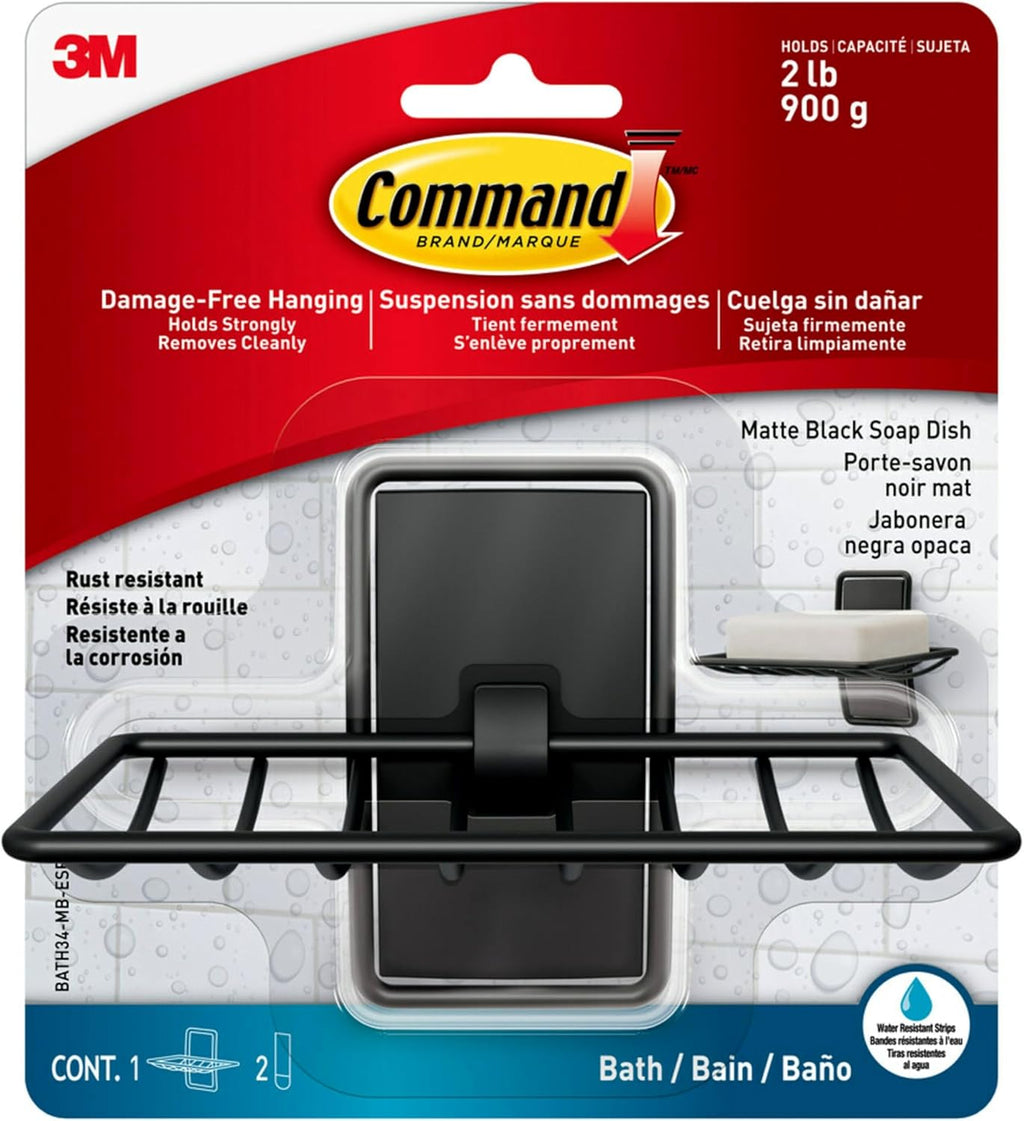 Command Soap Dish for Shower, Damage-Free Hanging, No Tools Soap Holder for Holiday Guests, 1 Matte Black Dish and 2 Water-Resistant Strips