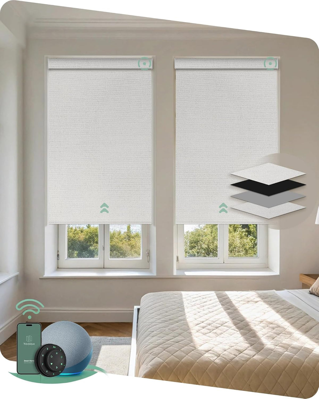 Yoolax Motorized Blinds with Remote, Blackout Smart Blinds Motorized Fabric Roller Shades Work with Alexa, Automatic Shades for Windows Custom Size (Greyish White)