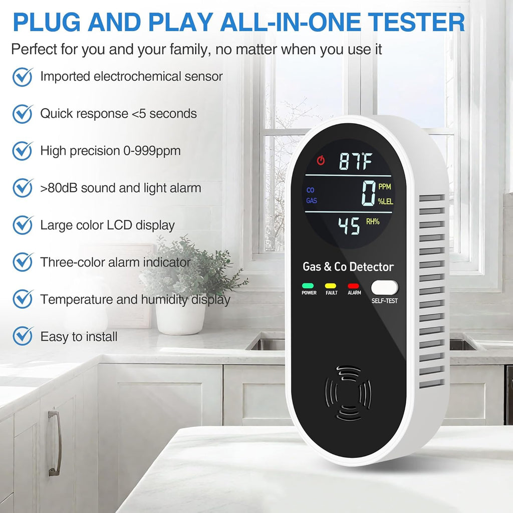 4-in-1 Portable Carbon Monoxide Detectors Plug in – Natural Gas Leak Detector, Methane & CO Alarm with Dual Sensor, Temperature & Humidity Display for Home, RV, Travel, 1 Pack