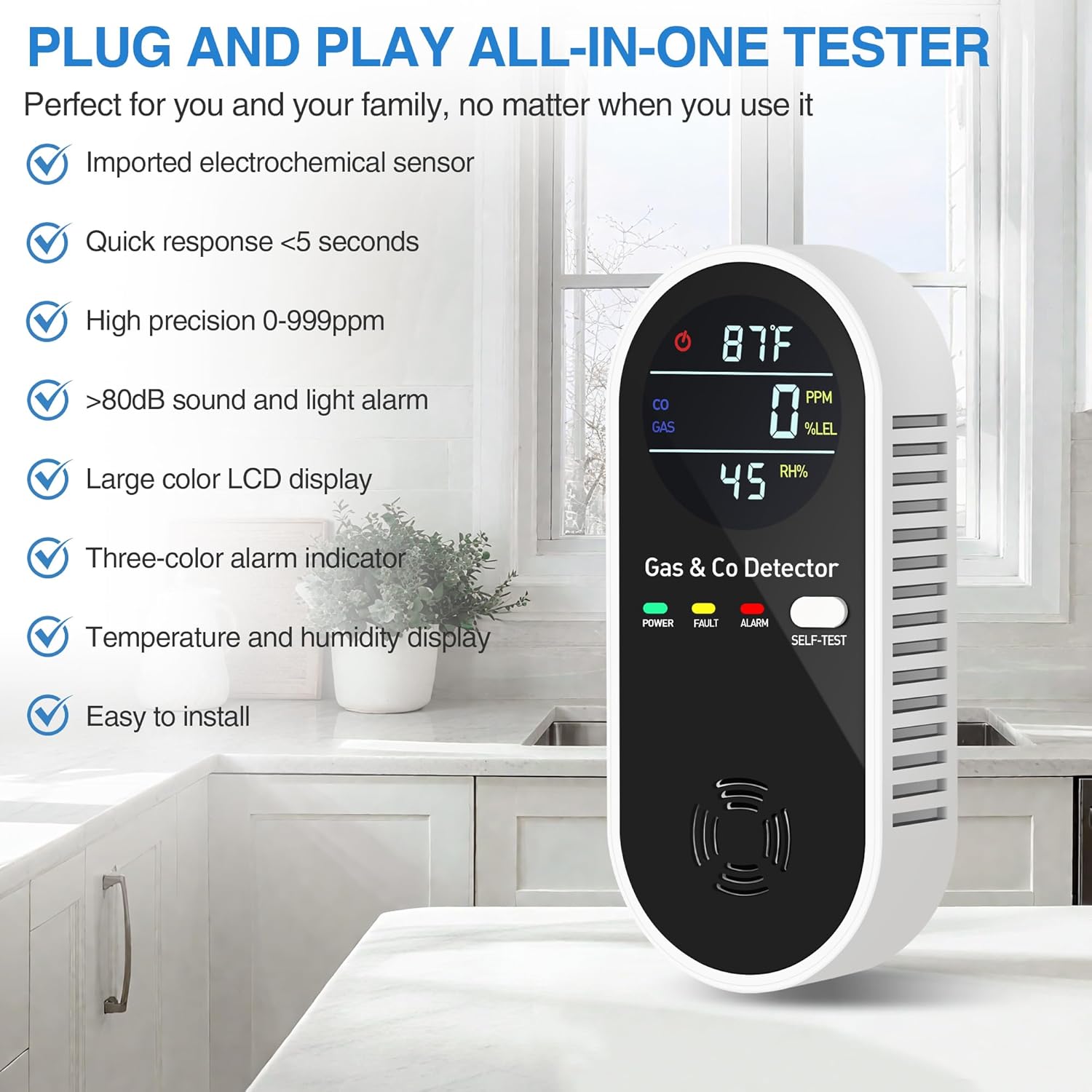 4-in-1 Portable Carbon Monoxide Detectors Plug in – Natural Gas Leak Detector, Methane & CO Alarm with Dual Sensor, Temperature & Humidity Display for Home, RV, Travel, 2 Packs