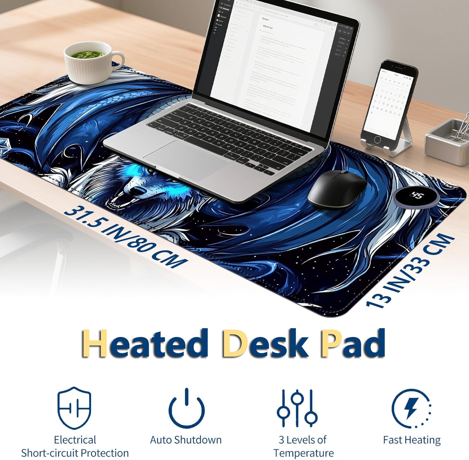Heated Mouse Pad with 3 Temperature Settings(104°F–122°F),Large 31.5x13 Inch PU Leather Heated Desk Mat,Waterproof Warming Pad for Office,Gaming & Cold Hands Relief,Dragon and Wolf