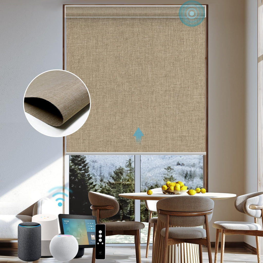 SmartWings Motorized Blinds Smart Blinds Remote Control Dual-Sided Blackout Shade Work with Apple Homekit Thread Z-Wave Alexa Smart Roller Shade Blackout Customized 16"-110" W (Bouvardia Light Brown)