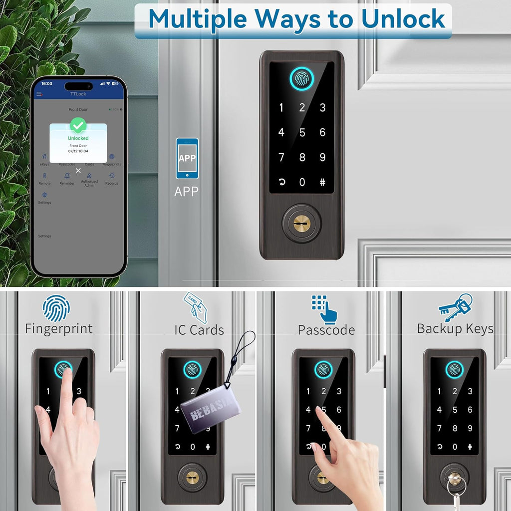 BEBASIA Smart Fingerprint Door Lock with Handle Set, Full App Control, Electronic Digital Touchscreen Keypad, Deadbolt Smart Locks for Front Door, Auto Lock, Aged Bronze