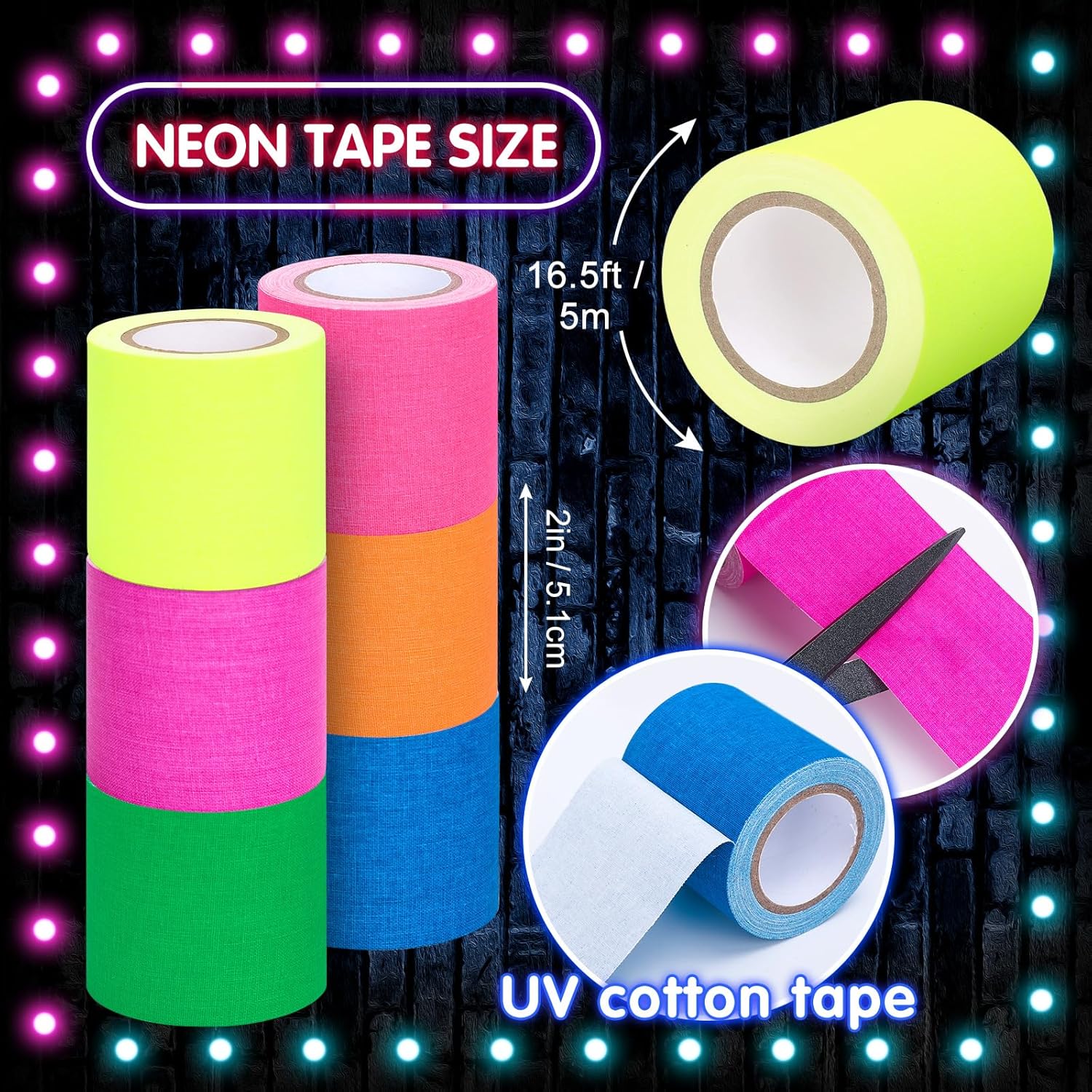 Whaline 6 Colors Neon Gaffer Cloth Tape Fluorescent Rainbow Color UV Blacklight Glow in The Dark Tapes Neon Duct Reflective Tapes for Party Supplies (2 Inch x 16.5 Ft)