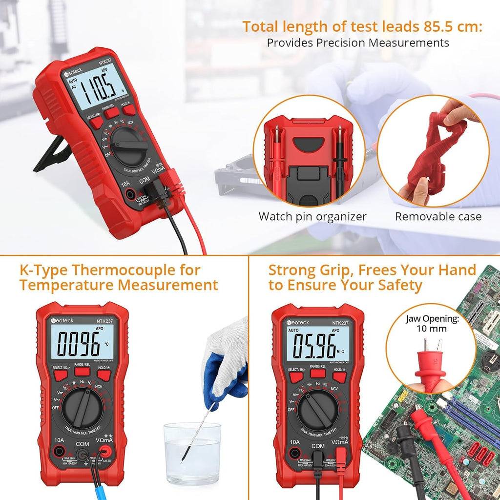 Neoteck 2000 Counts Digital Multimeter Voltmeter Tester with NCV, LCD for AC/DC Voltage&Current, Resistance, Capacitance, Live Wire, Frequency, Temperature, Duty Cycle, Continuity, Diode Measuring-Red