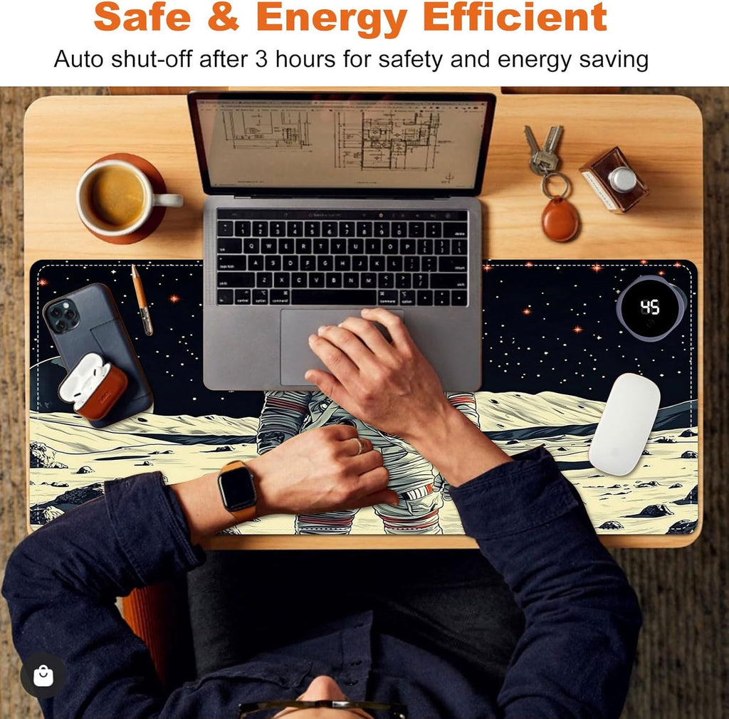 Heated Mouse Pad for Desk 31.5" x 13" – PU Leather Warm Desk Pad with 3 Heat Levels (104°F/113°F/122°F), Plug-in Electric Heating Mat with Auto Shut-Off, Waterproof & Rollable, Astronaut on Moon