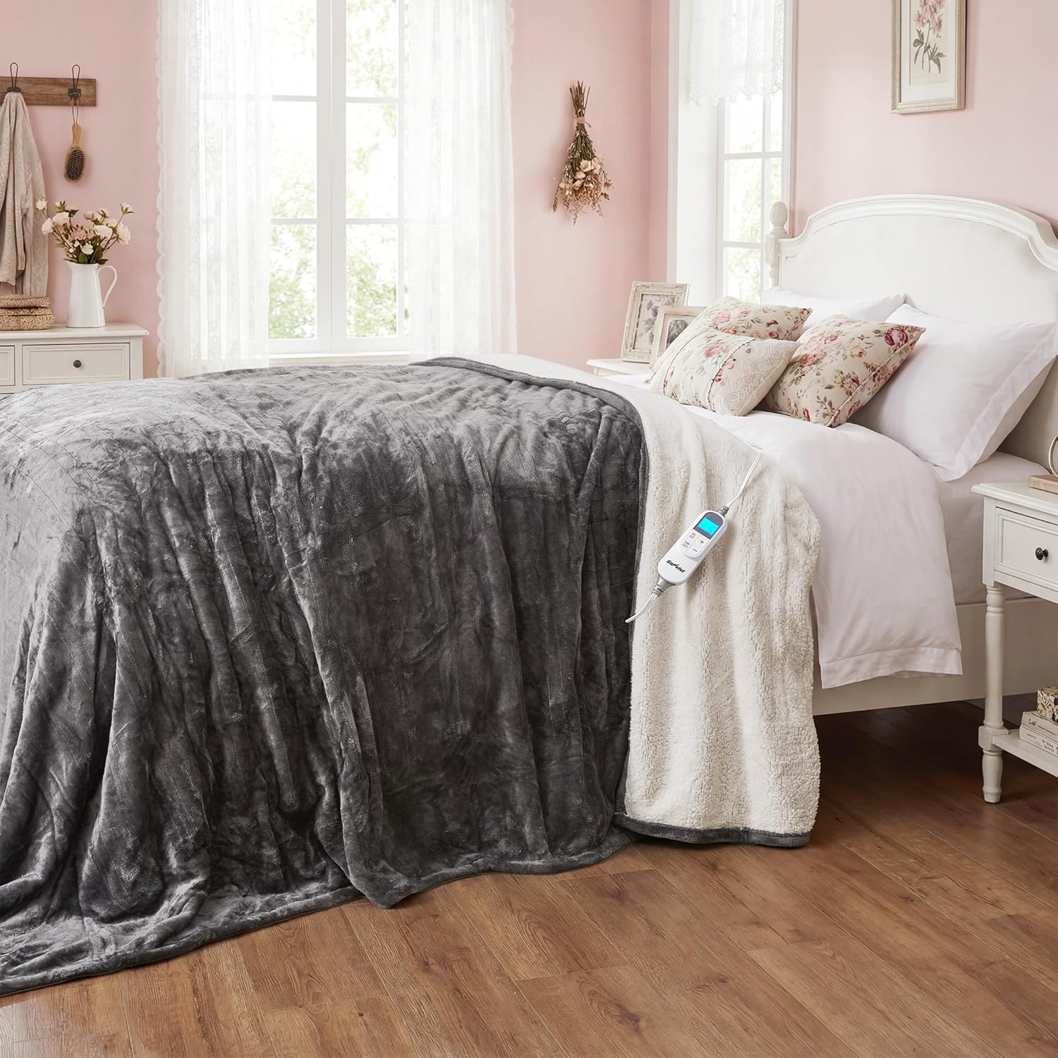 SUNVIVI Heated Blanket King Size, Electric Throw Dual Control, 5 Years Warranty, 10 Heat Settings, 12 Hours Auto Off, Soft Flannel and Sherpa, Machine Washable, ETL Certified, Grey, 100x90 Inch