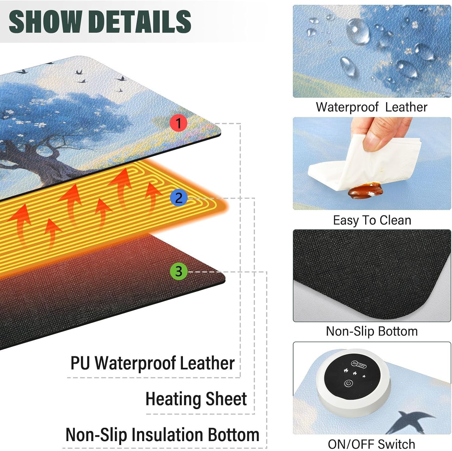 Large Heated Mouse Pad,Leather Desk Mat,31.5"x13",Hand Warmer Pads for Desk,Scenery Tree Flower(Blue)