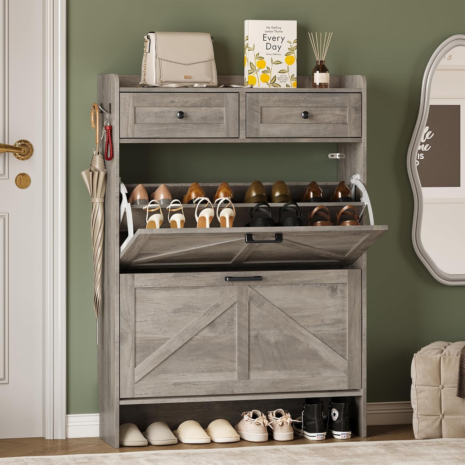 Shoe Storage Cabinet for Entryway, Farmhouse Narrow Shoe Cabinet with 2 Flip Drawers & Top Drawers, Adjustable Shelves & Hooks, Freestanding Hidden Rack Organizer for Hallway, Foyer