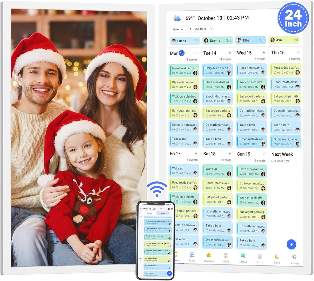 Smart Calendar Digital Frame Chore-Chart-for-Planner - 24 Inch Electronic Calendar for Family Schedules, Touchcreen Interactive Display, Auto-Sync Google/iCloud/Outlook Calendars, Selectable Reminders