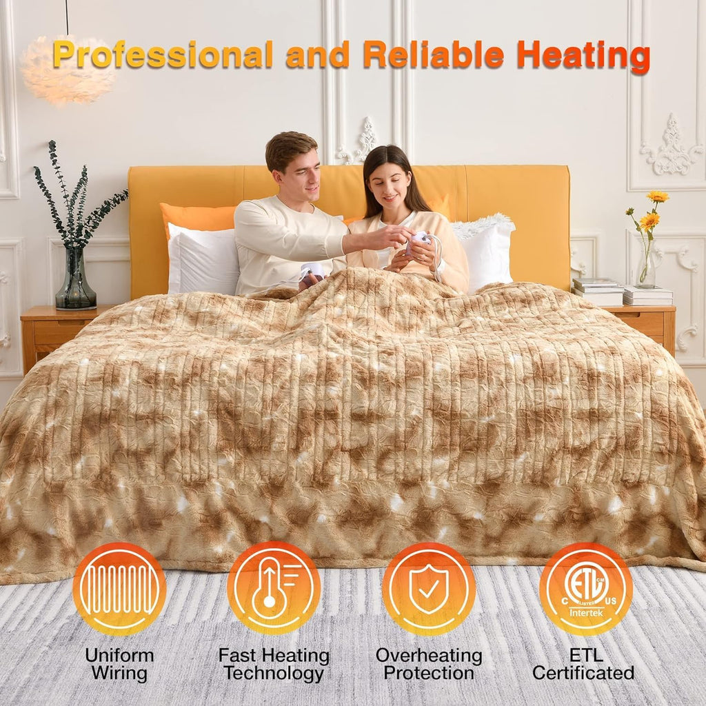 WOOMER Heated Blanket Queen Size 84" x 90", Electric Blanket with 0.5-12 Hours Timer & 10 Heating Levels, ETL Certified, Marble Blue Double-Sided Faux Fur, Machine Washable