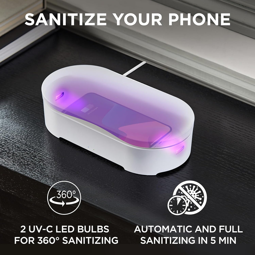 Lexon UV Phone Sanitizer Machine & Wireless Charger - OBLIO Box QI Fast Charging and 360° UV-C Light Cellphone Cleaner, Glasses, Keys, Makeup Brush, Tools, All That Fits in - White