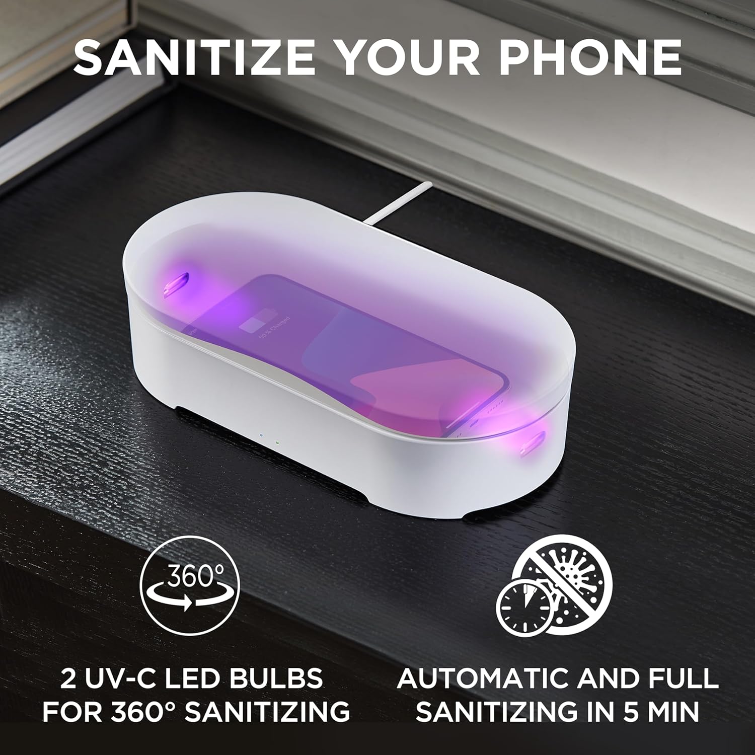 Lexon UV Phone Sanitizer Machine & Wireless Charger - OBLIO Box QI Fast Charging and 360° UV-C Light Cellphone Cleaner, Glasses, Keys, Makeup Brush, Tools, All That Fits in - White
