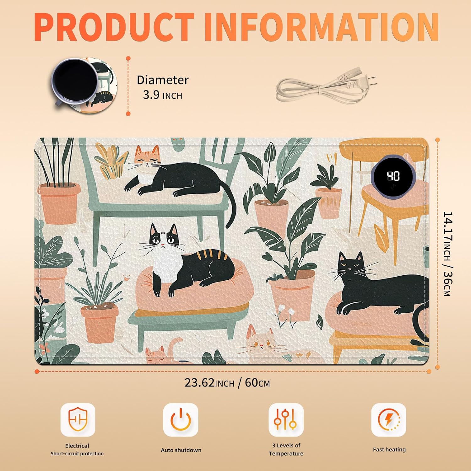 Heated Mouse Pad, Warm Desk Pad, Keyboard Mat 23.6 x 14 Inch Large Size Intelligent Fast Heating, 3 Speed Adjustable, Timed Auto Power Off for Game Office Home, Cartoon Cat Bed