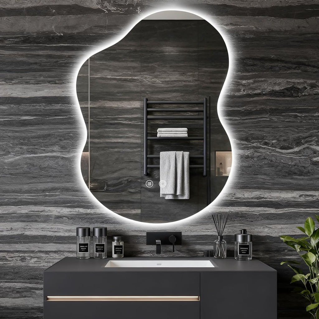 Asymmetrical Lighted Mirror for Bathroom,Modern LED Vanity Mirror with Backlit,Fog-Free,Tri-Color Dimmable Lighting with Memory Function,Hardwire Ready [Horizontal/Vertical] 30" H x 22" W
