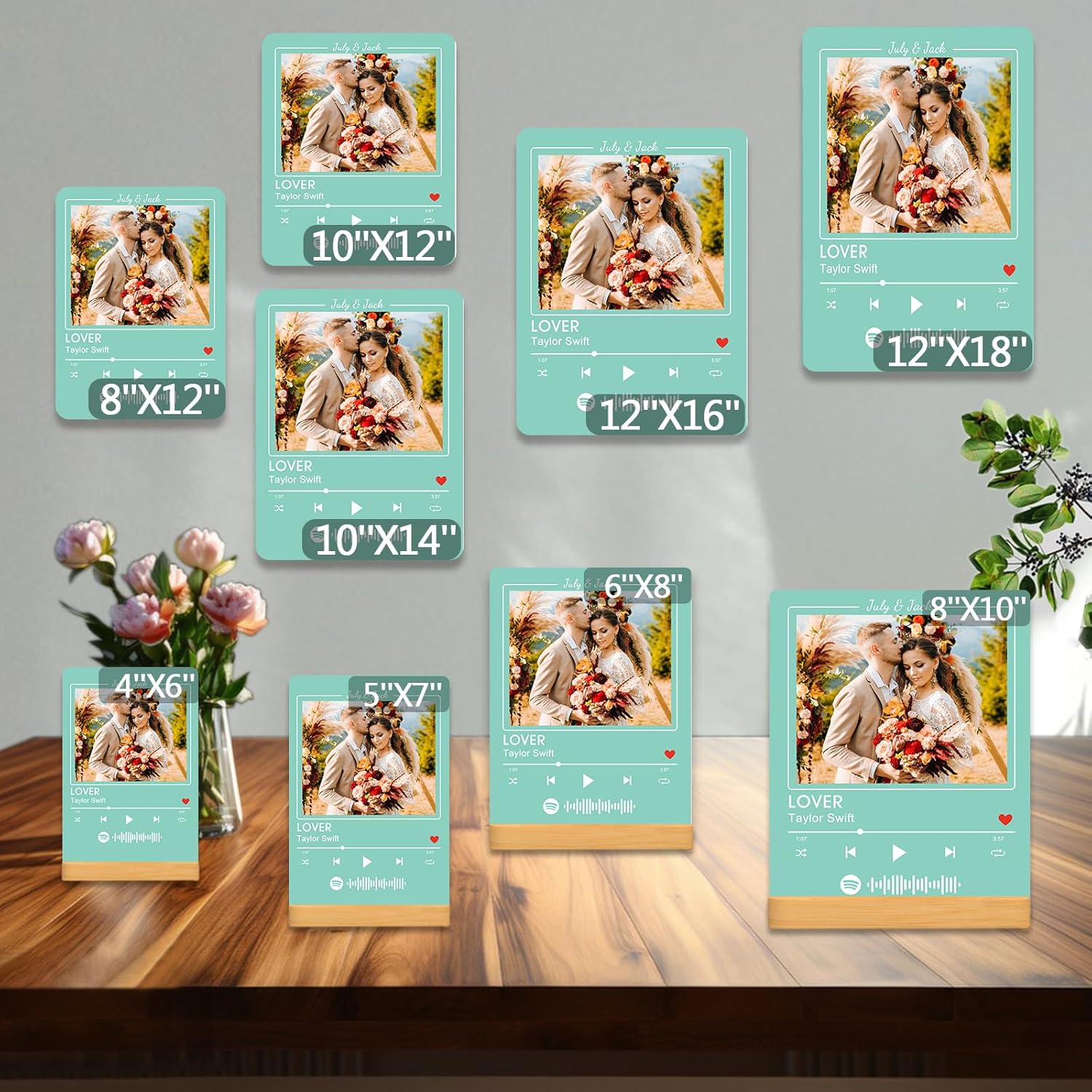 Custom Photo Prints - Metal Desktop Picture Frame with Photos & Spotify Song Plaque & Wooden Base Personalized Gifts for Family Friends and Lovers, Optional Multiple Sizes