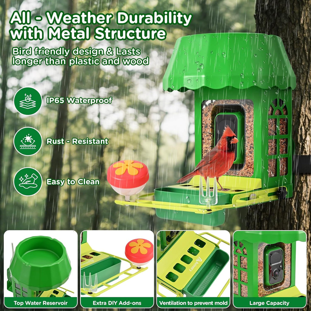 Avinory Smart Bird Feeder with Camera 2.5K HD, Solar Powered AI Bird Identifier 10000+ Species, 32GB Card, Wireless,with Night Vison,Metal Squirrel Proof for Outdoor Birds Watching Gift