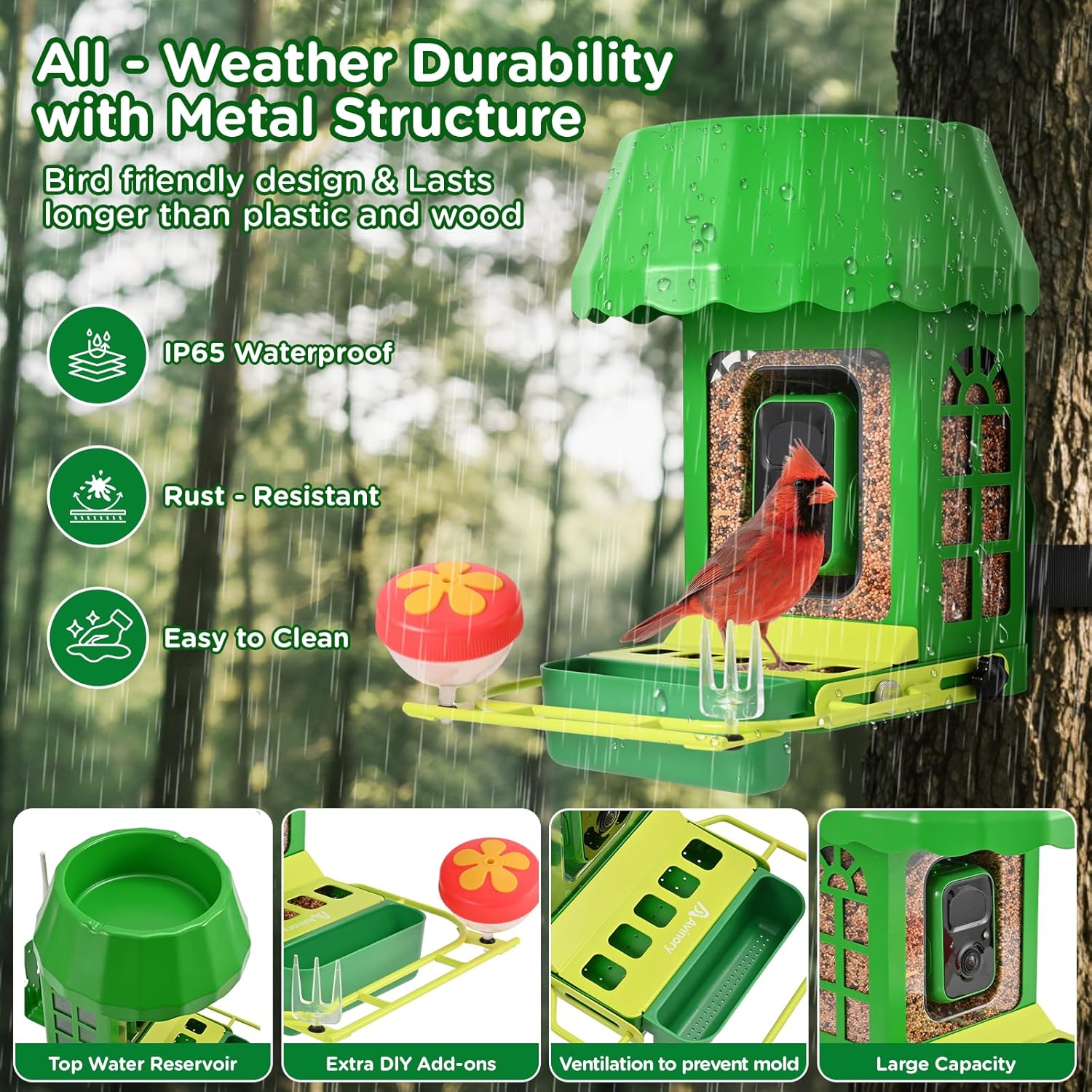 Avinory Smart Bird Feeder with Camera 2.5K HD, Solar Powered AI Bird Identifier 10000+ Species, 32GB Card, Wireless,with Night Vison,Metal Squirrel Proof for Outdoor Birds Watching Gift