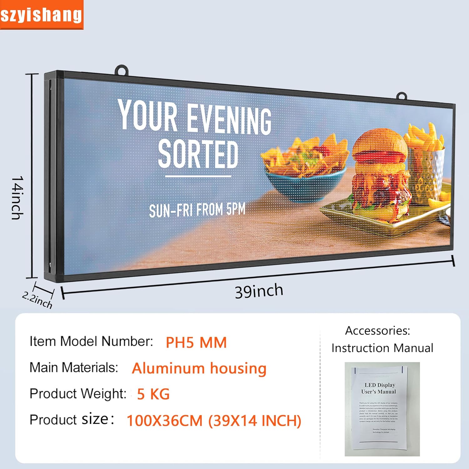 YS Outdoor P5 Programmable Led Sign(39 "× 14"),WIFI + USB Control Digital Signage LED Display, Advertising Message Board,Open Signs for Business, RGB Full Color Scrolling LED Sign