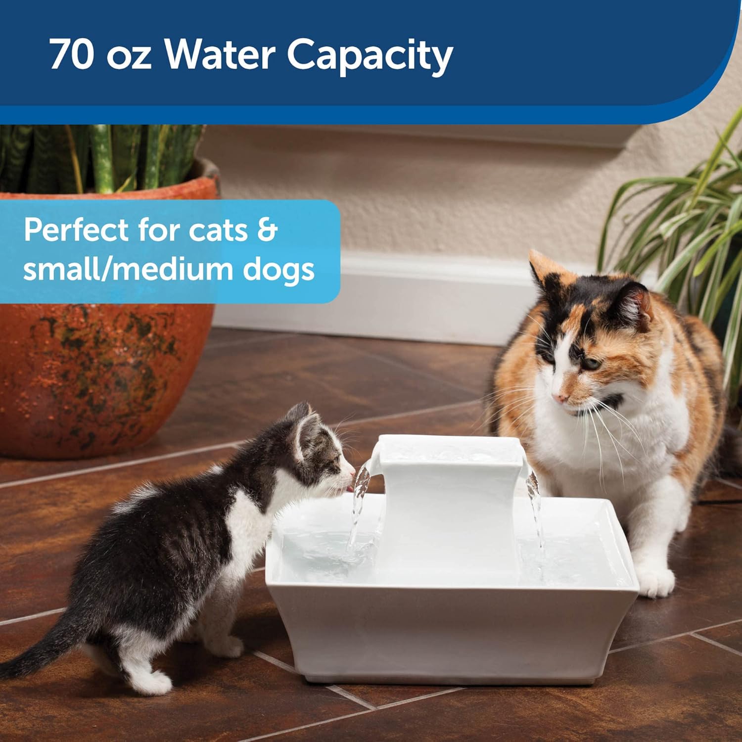 PetSafe Drinkwell Pagoda Fountain - Hygienic Ceramic Continuous Flowing Fountain - Elevated Upper Bowl & Double Free-Falling Stream Design - Minimalist Pet Hydration Station - 70 oz Capacity