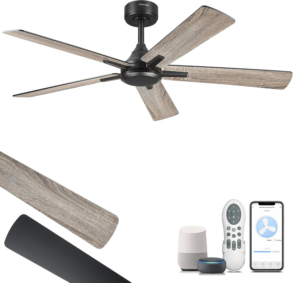 YOUKAIN Ceiling Fan without Light, 52 Inch Black Ceiling Fans, Smart Ceiling Fans Remote & APP Control, Reversible Blades, Outdoor Ceiling Fan for Bedroom, Living room, 52-YJ812-BK-NL